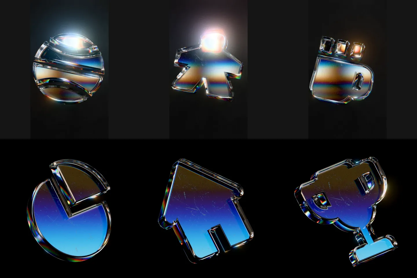 Six original glass icon motion studies, shown as still frames