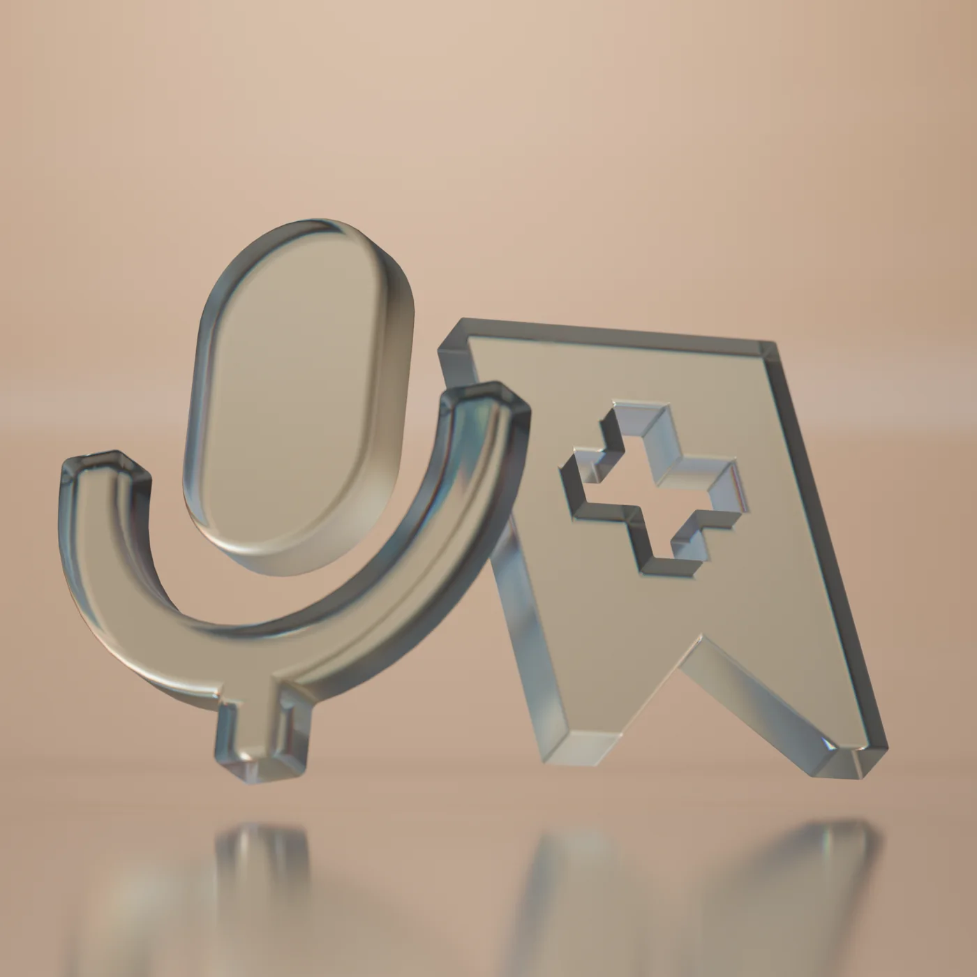 Microphone and bookmark icons in a warm glass material study